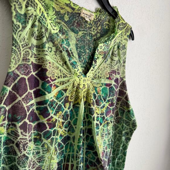 One World Green Print Ruffled Beaded V-Neck Sleeveless Top Whispering Womens 2X - Picture 2 of 7